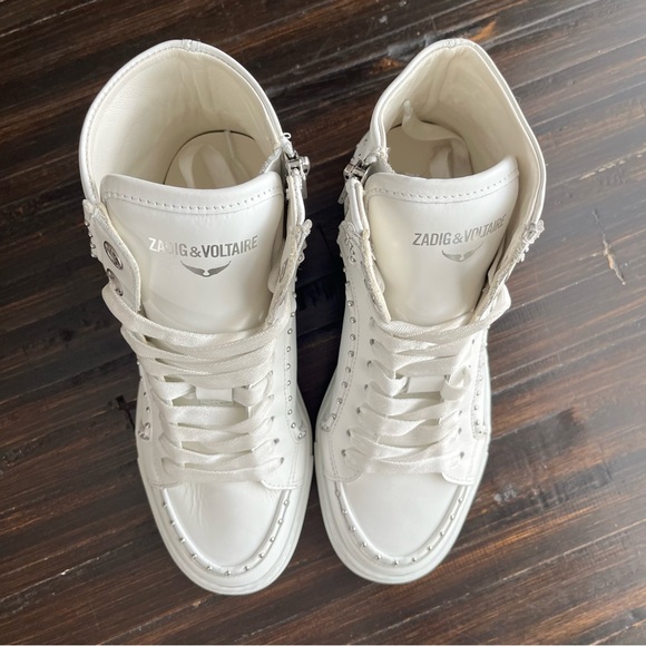 ZADIG & VOLTAIRE ZV1747 High Flash Studded Leather Sneakers in Off White NEW - Picture 5 of 14